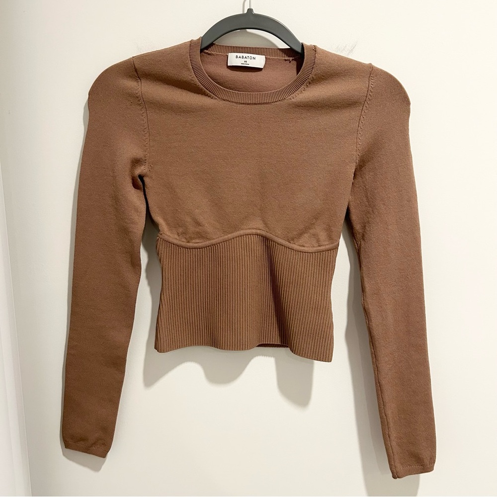 Aritzia Babaton Sculpt Knit Empire Long Sleeve in Brown Size XS
